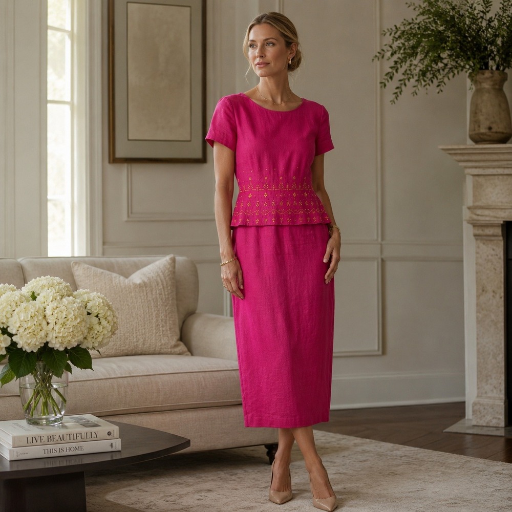 Maggy London Linen Peplum Dress‎ Womens  6 Pink Embroidered Classic Vintage